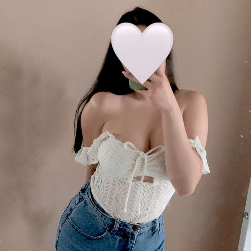 Ruffle Strap Off-the-Shoulder Lace Bodysuit